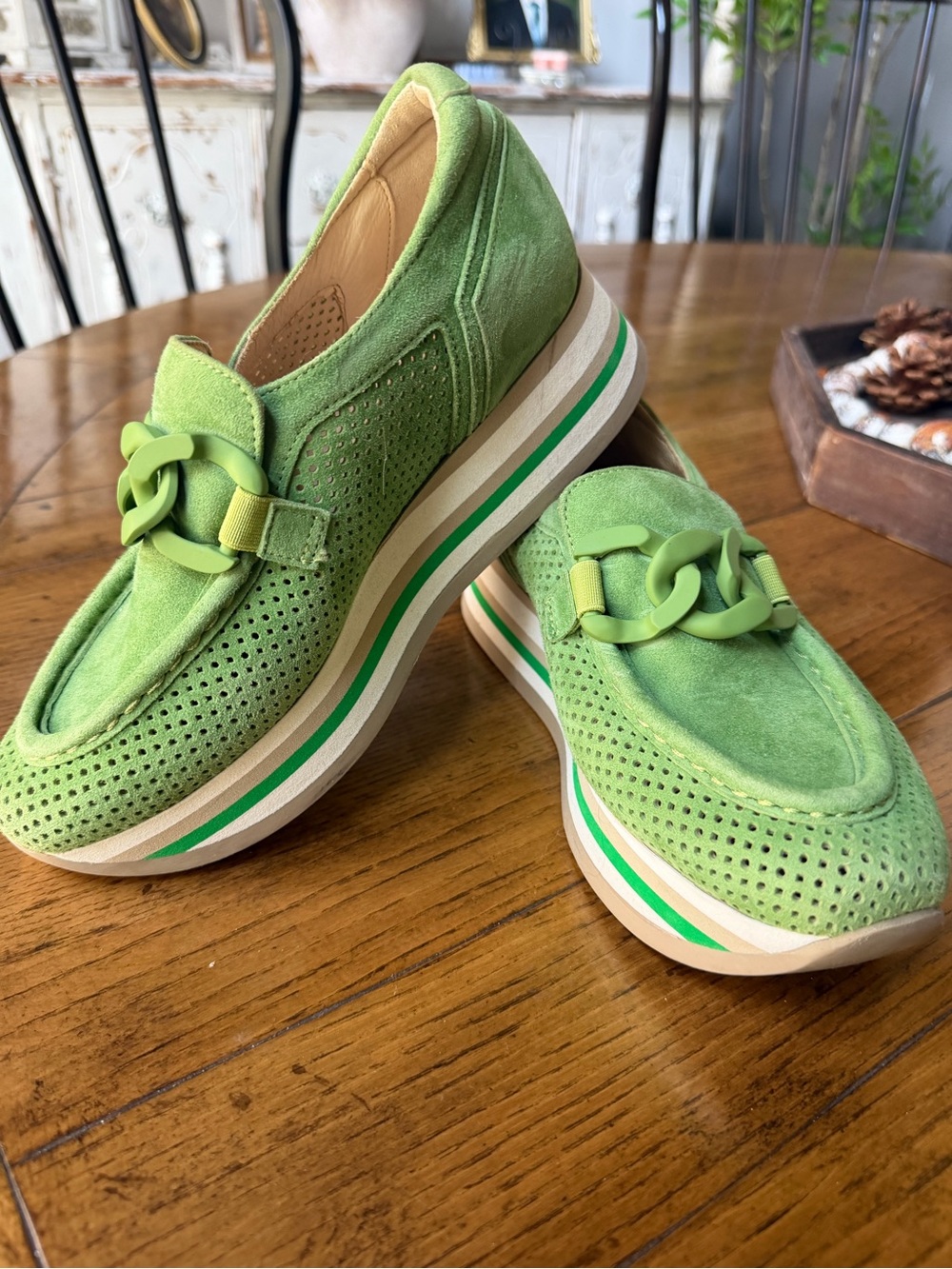 Women's Green Suede Platform Loafers with Chain Accent
